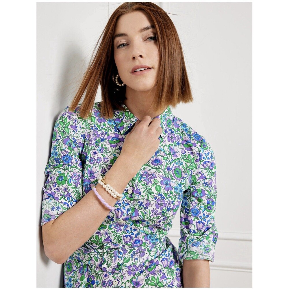 Talbots Womens 4P Fit & Flare Poplin Shirt Dress, Spring Fleur Pockets Floral - Picture 3 of 10